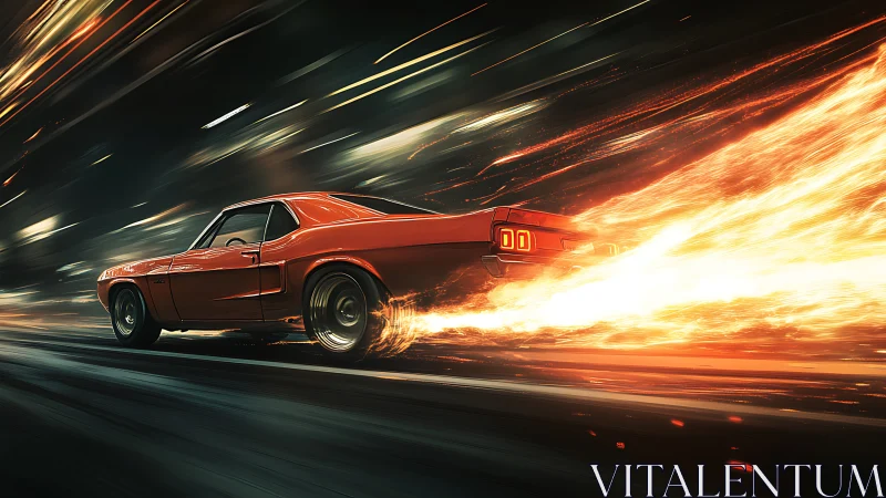 Retro muscle car streaking through neon fire trails.