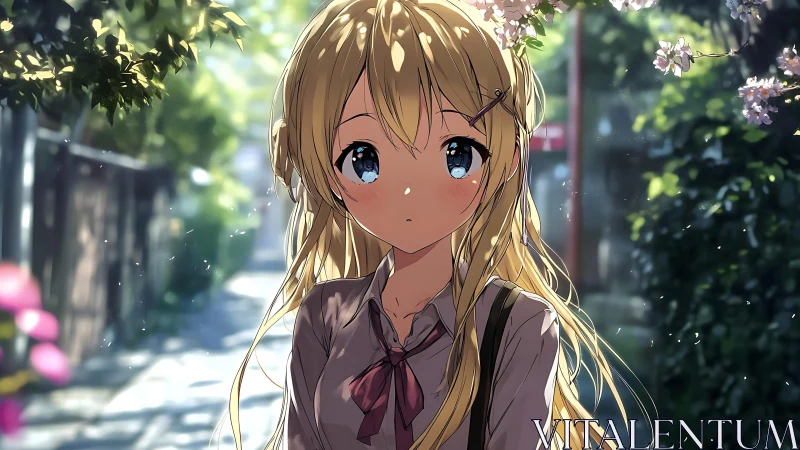 Sunlit lane pauses with a quiet, blue eyed anime daydream.