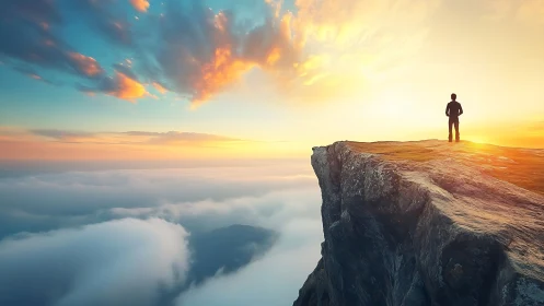 Solitary figure standing on high cliff above dense cloud layer.