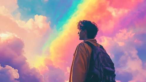 Silhouetted traveler under prismatic cloudscape gradient sky.