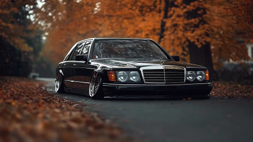 Low-slung classic sedan prowls through copperleaf autumn hush
