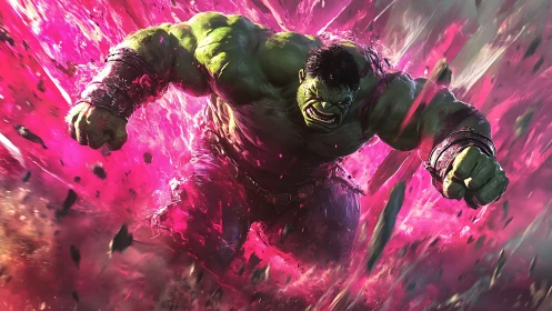 Green titan smashing through explosive pink energy storm.