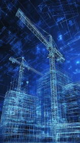 Digital wireframe construction cranes dominate virtual skyline