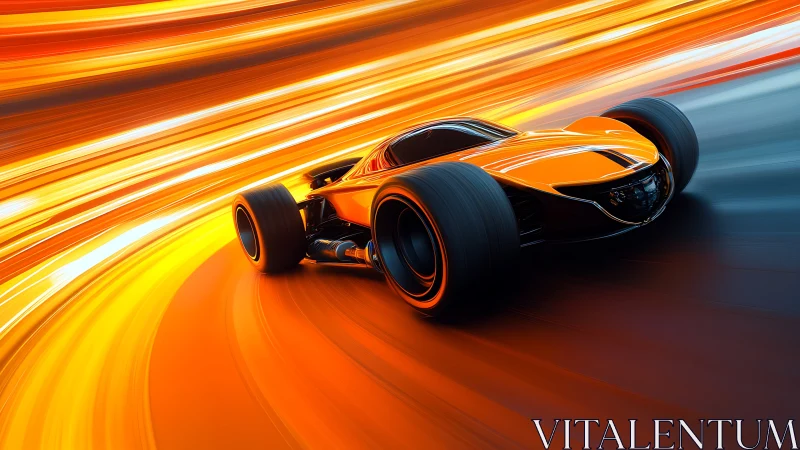 Futuristic monoposto race car glows under dynamic orange light trails