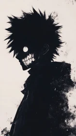 Monochrome hollow-eyed silhouette with skeletal grin profile.