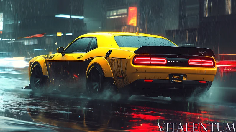 Yellow muscle car powers through neon city rainstorm.