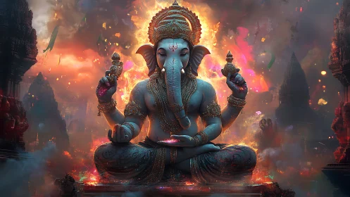 Radiant celestial Ganesha seated in glowing temple fire.