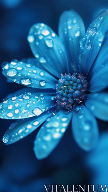 Blue flower with spherical water droplets and atmospheric bokeh depth rendering