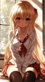 Anime schoolgirl portrait in warm backlit window composition.