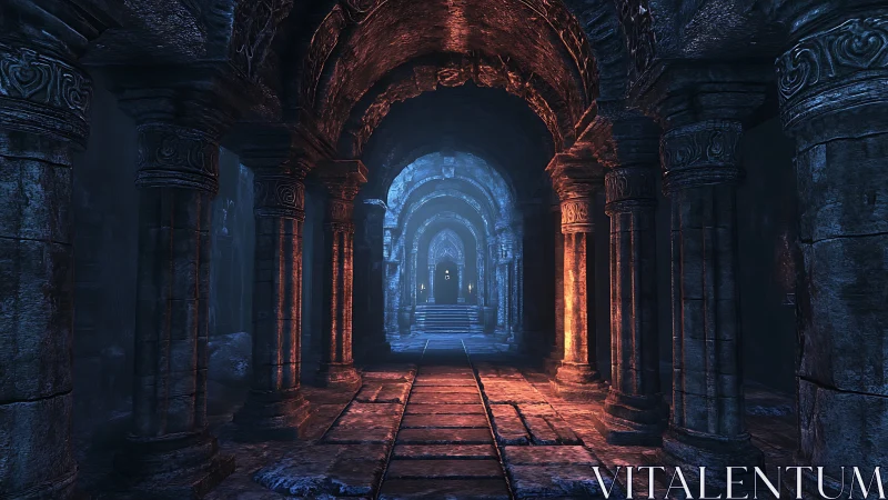 Ancient stone corridor glows with cold blue and warm firelight