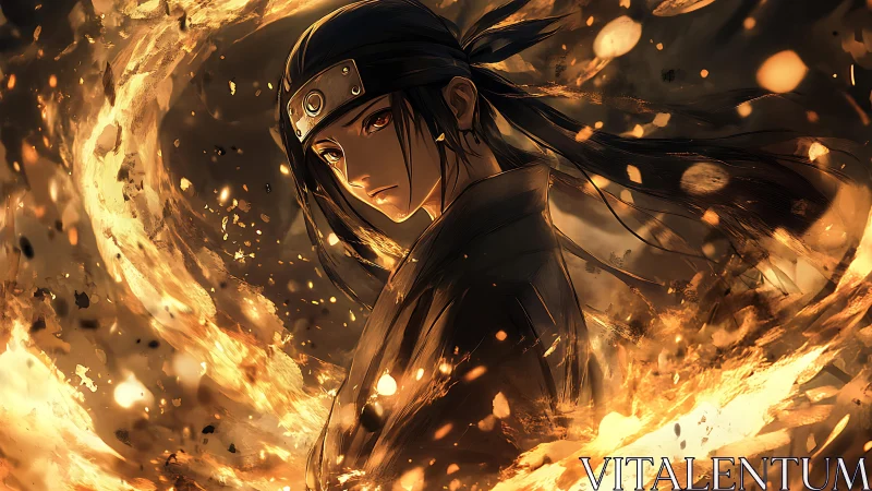 Dark haired shinobi stands within circular motion of flames
