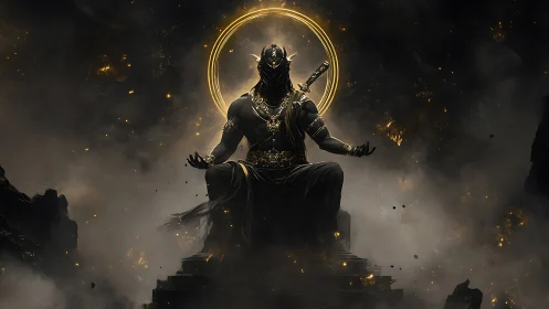 Mystic warrior sits in glowing halo amid swirling twilight.
