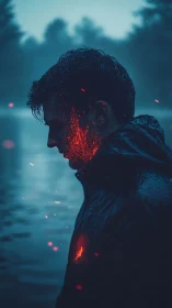 Moody lakeside portrait glowing with quiet inner embers.