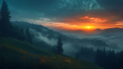 Sunset illuminates mist-filled conifer valleys with soft gradients