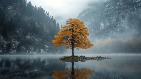 Solitary deciduous tree on misted alpine lake, high dynamic range.