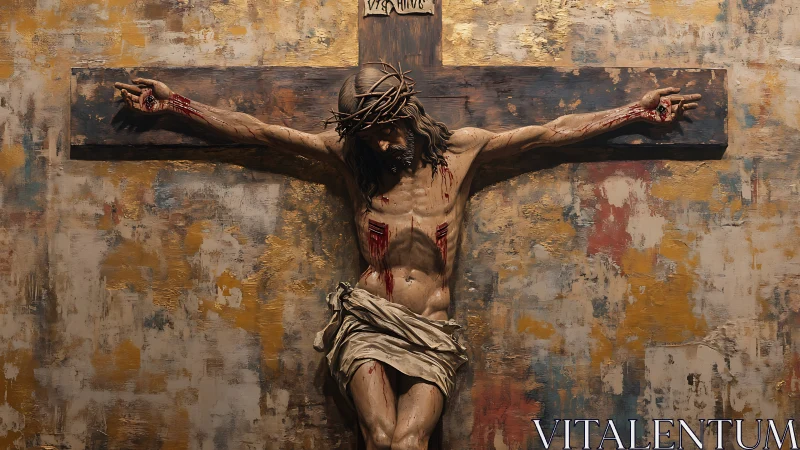 Hyperreal crucifixion study with textured backdrop and dynamic lighting
