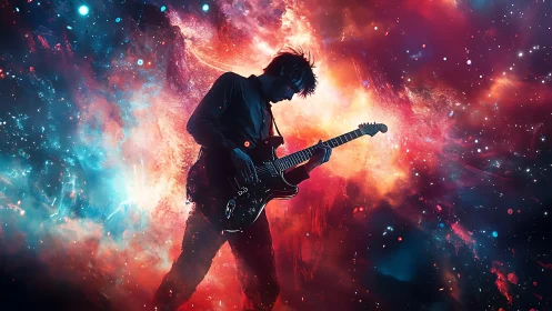 Digital painting of cosmic guitarist silhouette in nebula field.