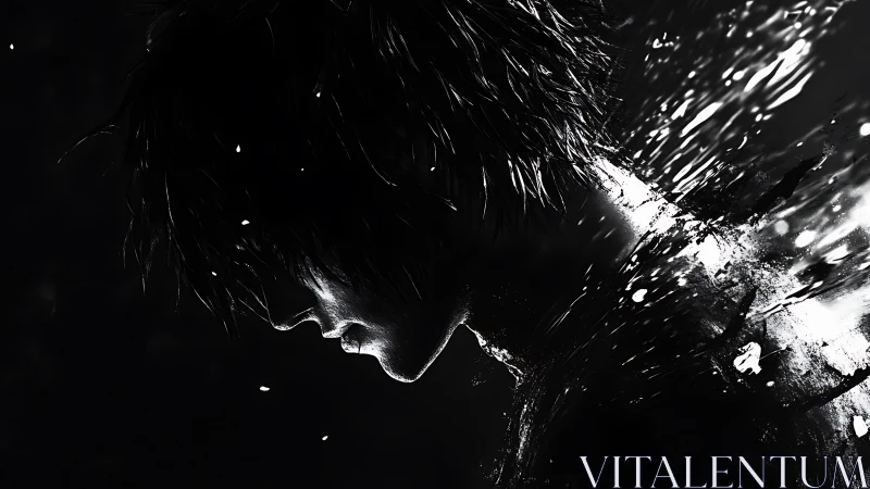 Shattered silhouette of a pensive figure dissolves in light.