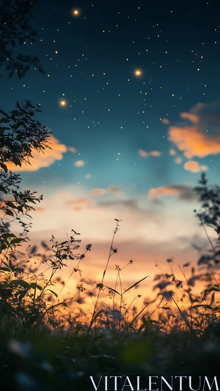 Soft dusk meadow rests beneath a glowing starlit sky
