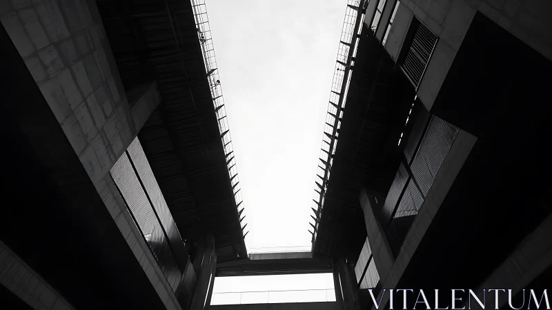 Upward view welcomes calm light between bold city towers