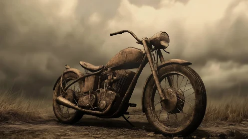 Rustic vintage motorcycle under brooding storm sky.