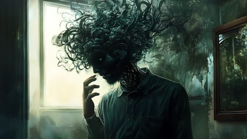 Humanoid figure with swirling dark tendrils in dim room.