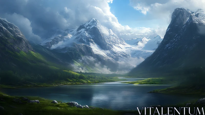 Snowy mountain valley with calm lake under dramatic sky.
