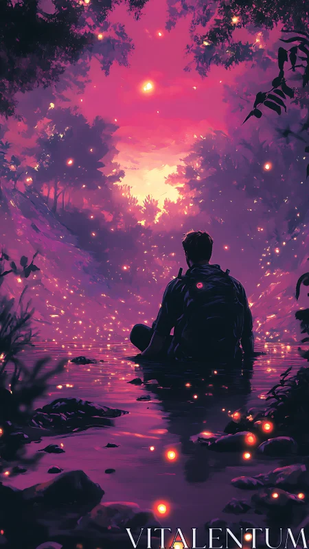 Firefly river vigil beneath a neon orchard sky.