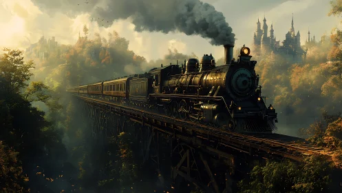 Steambound midnight express crossing misty fairytale gorge.