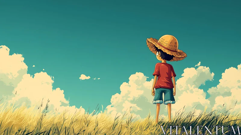 Youthful figure in straw hat surveying sunlit summer sky.