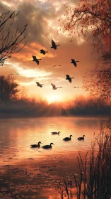 Migrating geese cross burning orange lake at misty sunset.