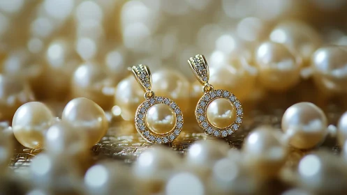 Macro study of diamond halo pearl earrings in bokeh field