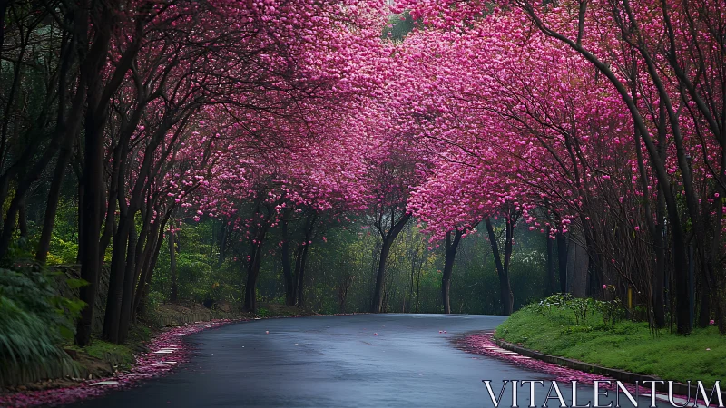 Blossoming cherry trees form a serene pink tunnel over road.