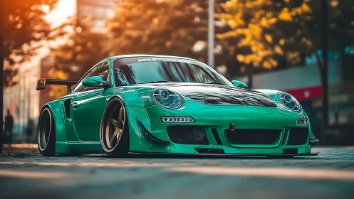 Emerald widebody street racer under golden urban sunset.