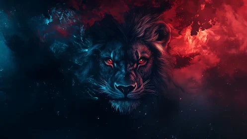 Cosmic lion emerging through red and blue nebula clouds.