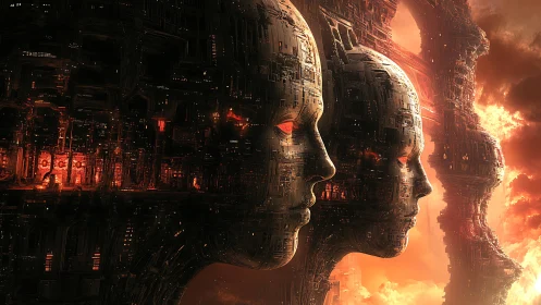 Triptych of mechanoid citadel faces in molten dusk horizon.