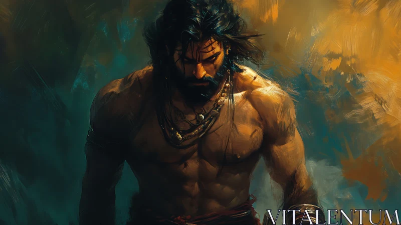 Muscular warrior in chiaroscuro brushwork, ambient motion field.