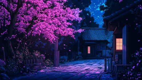 Nighttime cherry blossoms glow above a quiet village lane.