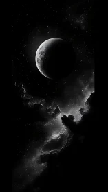 Monochrome celestial body with illuminated crescent in starfield