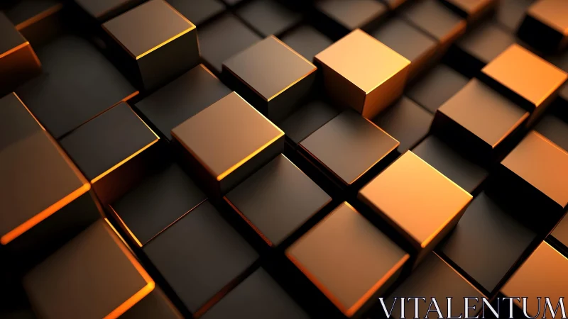 Geometric Metallic Cubes with Orange Glow in 3D Abstract Style.