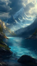 Majestic snow peak rises above a calm turquoise mountain lake