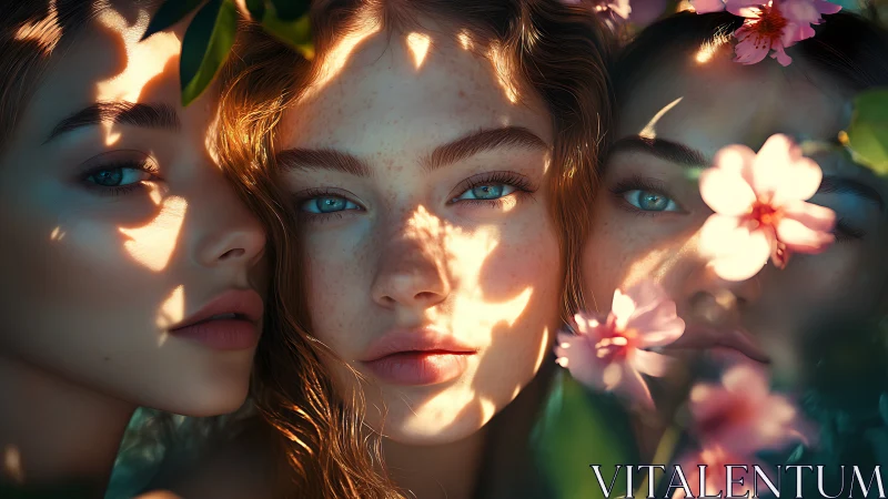 Triadic portrait under floral caustics with spectral sunlight.