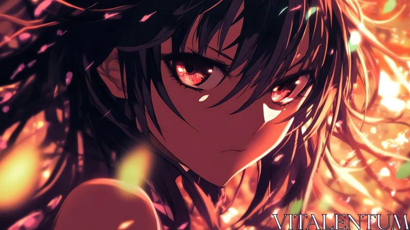 Ember-lit anime girl with fierce glowing eyes at dusk.