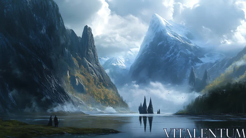 Epic glacial fjord with misted spires and distant voyagers.