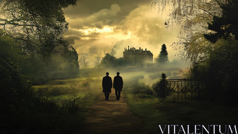 Figures walk a misty path toward a distant manor at dusk.
