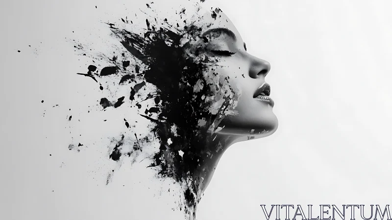 Monochrome female portrait dissolving into ink splashes.