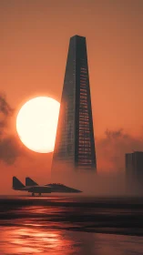 Jet crosses a misty runway as sun engulfs glass tower.
