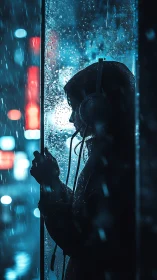 Hooded listener framed in neon rain-soaked city nightscape.