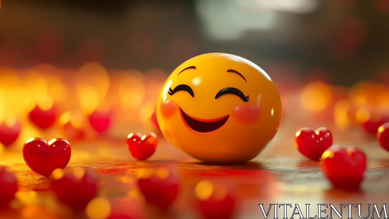 Smiling yellow emoji sphere amid glossy red heart shapes.