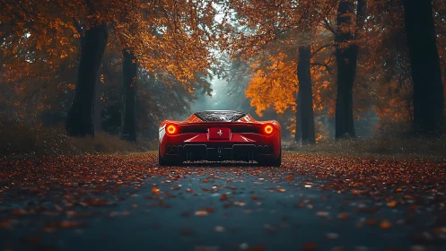 Red supercar glides through a misty autumn forest road